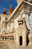 Ananda temple Bagan, Myanmar. Double bodied lions, Manukthiha, guard each corner of the temple base. 